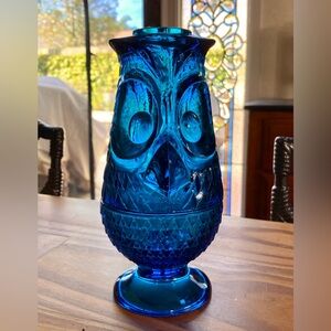 Vintage Viking Glass Blue owl fairy lamp tea light or votive holder.